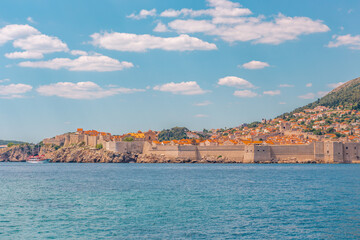 The Dubrovnik old town and fortress by the sea, shot from the sea angle.