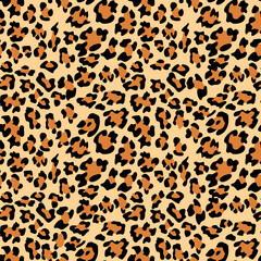 Fototapeta na wymiar Leopard print background. Animal seamless pattern with hand drawn leopard spots. Black and beige wallpaper. Vector