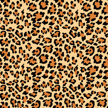 Leopard print background. Animal seamless pattern with hand drawn leopard spots. Black and beige wallpaper. Vector