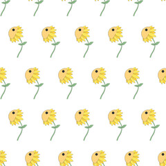 Flowers seamless pattern, Sunflowers cartoon characters on a white wallpaper.	