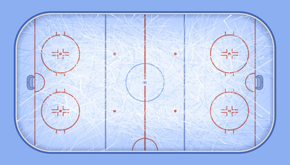 Vector of ice hockey rink. An overhead view of an ice hockey rink complete with markings. Textures blue ice. Ice rink. Top view.  - obrazy, fototapety, plakaty