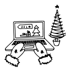 Christmas shopping online.  Laptop with sale image on the screen.  Santa's mittens are on the keyboard.  An elegant Christmas tree stands nearby.  Vector outline drawing in doodle style.