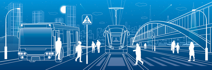 City scene, people walk down the street, passengers leave bus and tram, night city, Illuminated highway, transitional arch bridge at background. Outline vector infrastructure illustration © panimoni