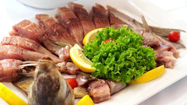 bream on holiday table. beer snack. river food for party.