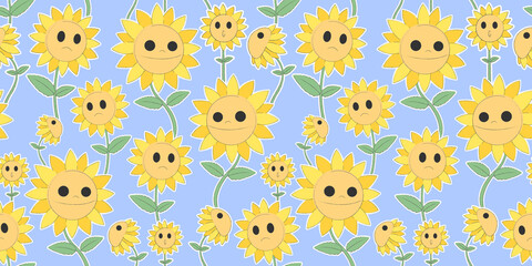 Flowers seamless pattern, Sunflowers cartoon characters on a blue wallpaper.	