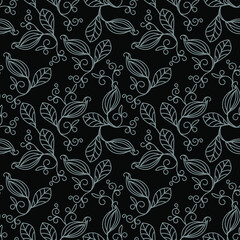 Seamless blue background with beige leaves and flowers. Vector retro illustration. Ideal for printing on fabric or paper for wallpapers, textile, wrapping. 