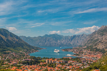 Panorama view of the old town and the bay in Kotor, Montenegro.