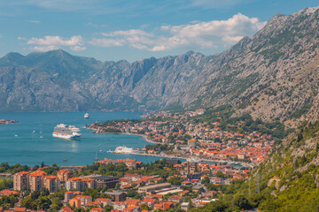 Fototapeta na wymiar Panorama view of the old town and the bay in Kotor, Montenegro.