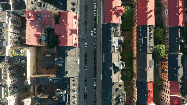 Empty abandoned streets of city during corona virus outbreak epidemic, aerial top down view