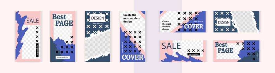 Modern design in pink and blue. Small black and white crosses. Set of vertical and horizontal banners for design of social networks, instagram story and print with windows for images. 