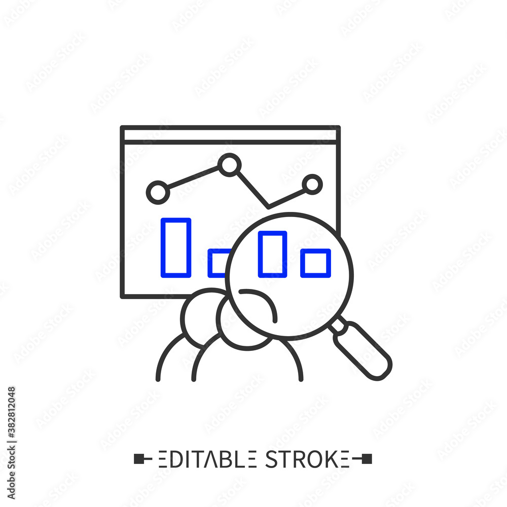 Aufkleber market research line icon. analysis of trends, current queries, demand. information smart technologi