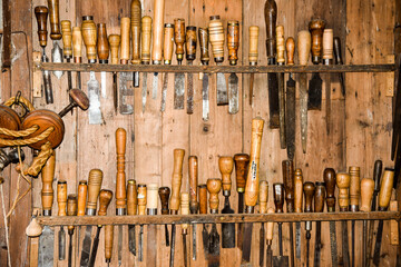 Old tools for woodworking in the workshop of a carpenter in the open air museum in Enkhuizen.