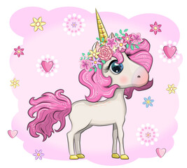 Cute magical unicorn. Print for t-shirt. Romantic hand drawing illustration for children.
