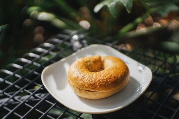 Homemade Bagels On a gray chair Natural Background