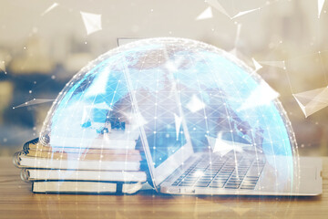 Naklejka premium Multi exposure of business theme icons and work space with computer background. Concept of success.