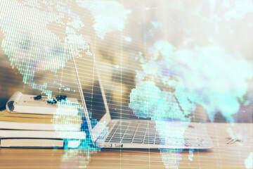 Multi exposure of business theme icons and work space with computer background. Concept of success.