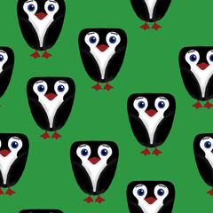 seamless pattern with cute penguins on a green background