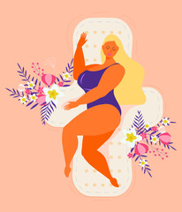 Obraz na płótnie Canvas Menstrual health cycle concept vector in flat style. Woman sleeping on a hygiene pad with tropical flower and leaves. Comfort and care for woman.
