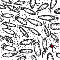 Among the bacteria with flagella, a red microbe floats.