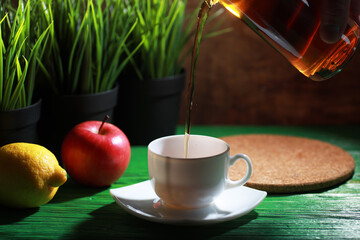 Brewing tea on a wooden table