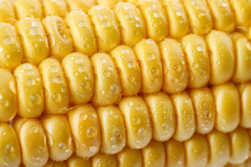 Ripe raw corn cob with water drops as background, closeup
