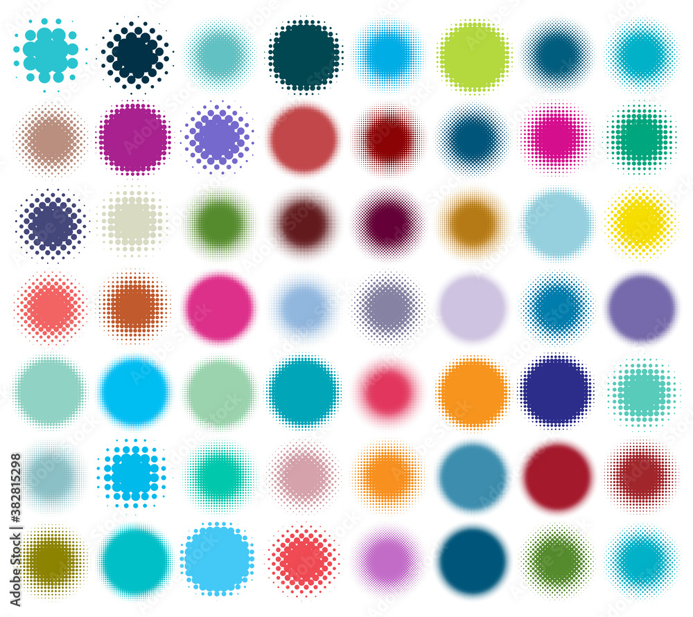 Aufkleber colorful halftone vector pattern, texture design element set, collection. circles, dots, screentone 