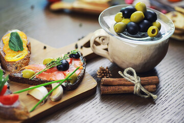 Assorted sandwiches with different fillings, fish mushrooms and others