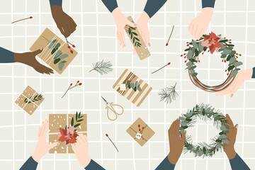 Woman florists making christmas wreaths, holiday workshop. Eco decoration, flat lay. Presents in kraft paper. Rustic gift box. Xmas and New Year celebration preparation. Vector flat style - 382815446