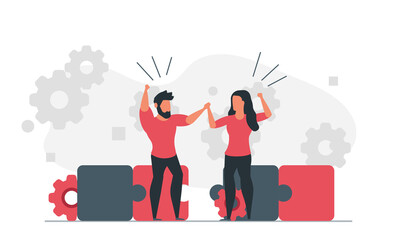 Assemble the puzzle together as a team. People are trying to solve a problem. Man and woman working on solution concept vector illustration