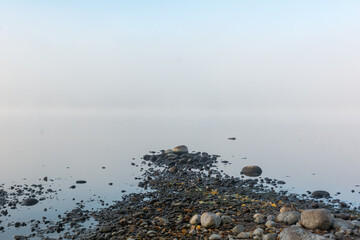 Rocky beach in fog