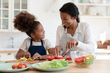 Funny little african ethnicity kid girl wearing apron, talking to affectionate caring biracial...