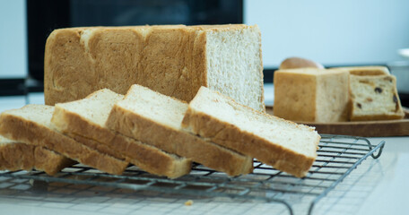 Bread  homemade, Raisin Bread on white  table, Zoom macro.