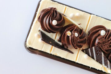 chocolate chiffon cake on white background.