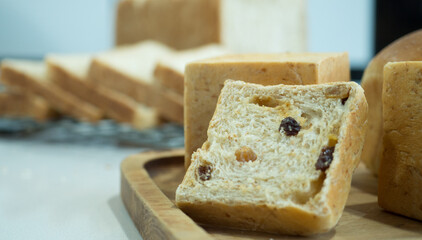 Bread  homemade, Raisin Bread on white  table, Zoom macro.