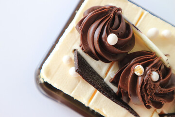chocolate chiffon cake on white background.