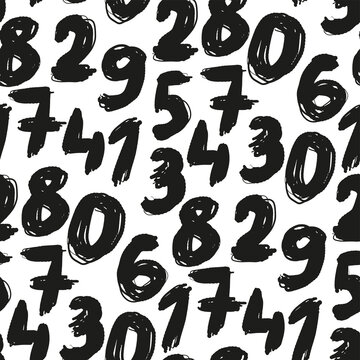 Black Ink Numbers Isolated On White Background. Monochrome Seamless Pattern. Vector Flat Graphic Hand Drawn Illustration. Texture.