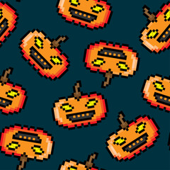 Pixel halloween pumpkins isolated on dark blue background. Cute festive pixelated seamless pattern. Vector flat graphic illustration. Texture.