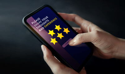 Customer Experiences Concept. Woman Using Mobile Phone to Giving Feedback via the Internet. Positive Review with Five Star. Client Satisfaction Surveys