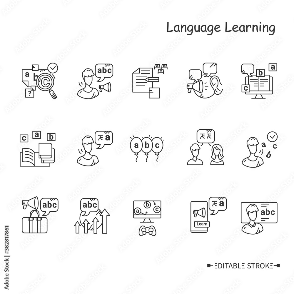 Aufkleber foreign language learning line icon set. learning methods, ways and processes. speaking, listening, 