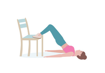 Exercises that can be done at-home using a sturdy chair. woman in pink shirt and a blue Long legs. with Hip Thrust posture.  Fitness and health concepts. Vector illustration in cartoon style.