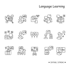 Foreign language learning line icon set. Learning methods, ways and processes. Speaking, listening, spelling, and more. Foreign languages learning . Isolated vector illustrations. Editable stroke