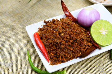 Dried Spicy Shrimp Paste Dip with onion, lemon and chili, Thai food
