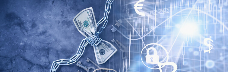 Business concept. The depreciation of the national currency. Hundred dollar bill. Inflation and stagnation. Tighten the hundred dollar bill with a measuring chain.