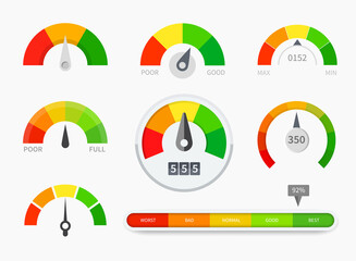 Credit score indicators with color levels. Gauges with measuring scale vector set.