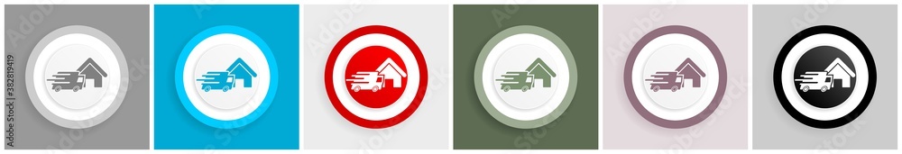 Poster home delivery, shipping, courier icon set, colorful flat design vector illustrations in 6 options fo