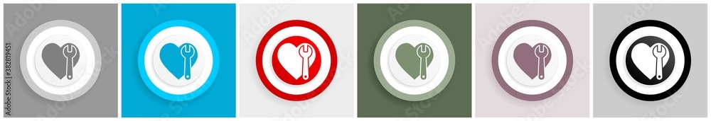 Poster wrench and heart icon set, colorful flat design vector illustrations in 6 options for web design and