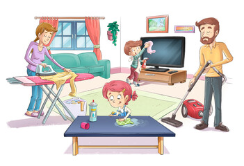 Family doing housework