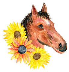 Watercolor horse portrait with yellow sunflowers isolated on a white background. Hand painting head of a brown horse. Animals and botanical illustration. © Iryna