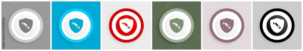 Poster vaccine shield concept icon set, colorful flat design vector illustrations in 6 options for web desi