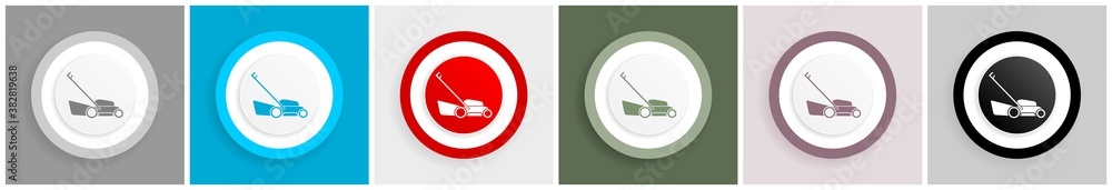 Poster Lawn mower icon set, colorful flat design vector illustrations in 6 options for web design and mobile applications